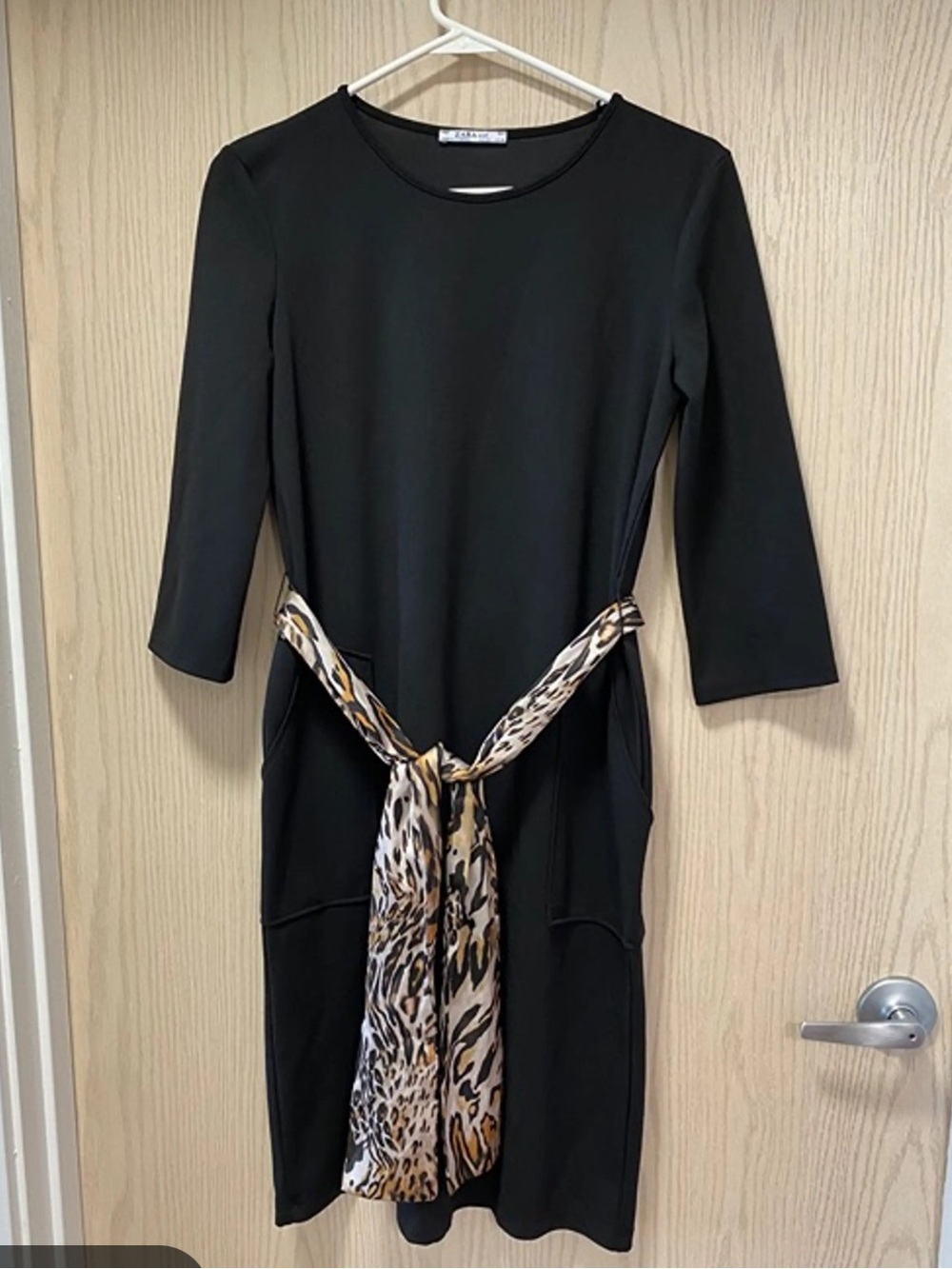 Zara Black Midi Dress with Leopard-Print Sash